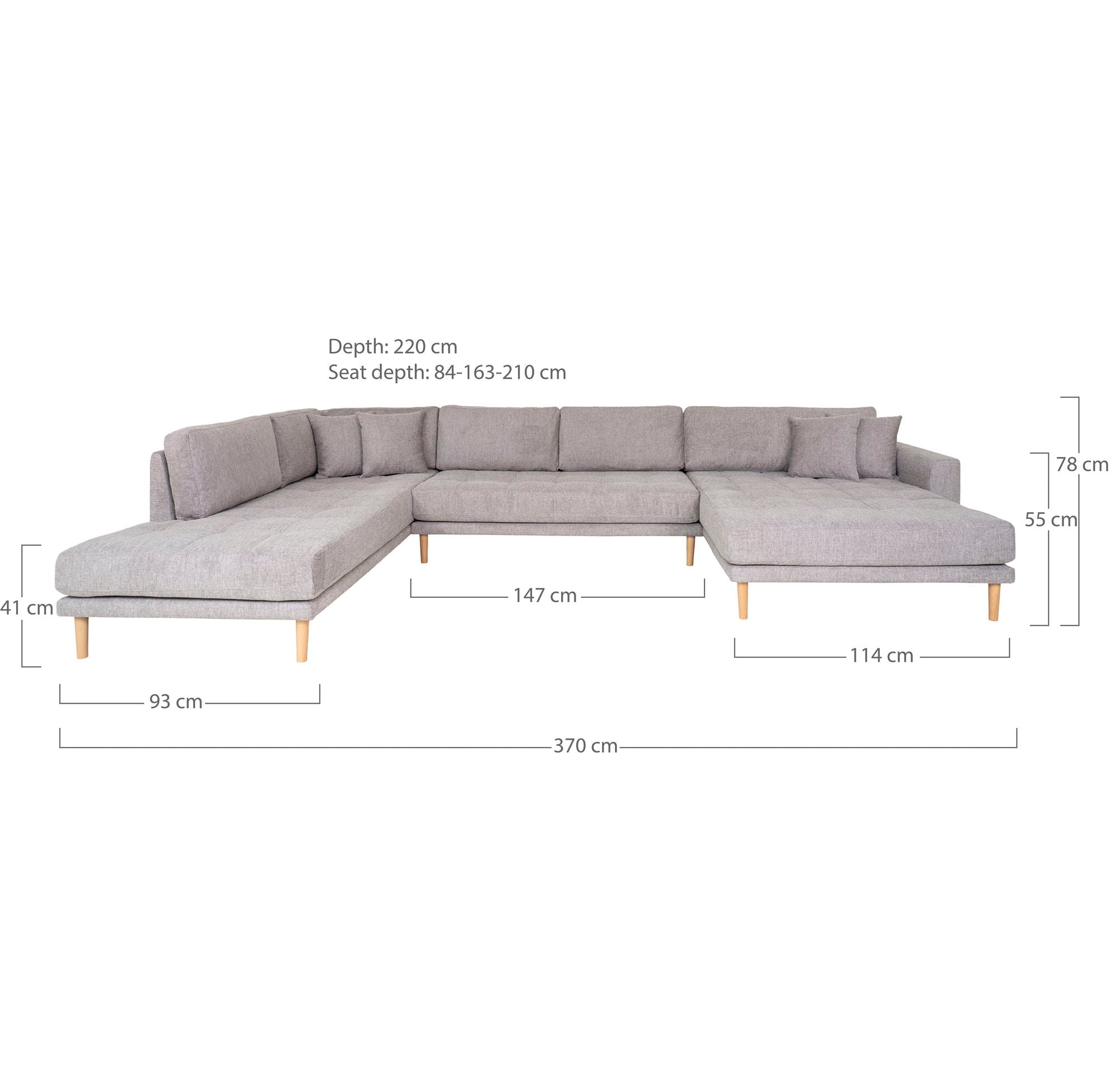 Lido U-Soffa Open End-U-Soffa öppen ände, höger i ljusgrå med fyra kuddar och naturens träben, HN1040