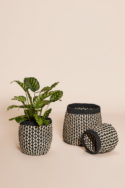 Hubsch - Sprout Curve Black/Nature (uppsättning av 3) Ø23xH19, Ø28xH25, Ø32xH29cm