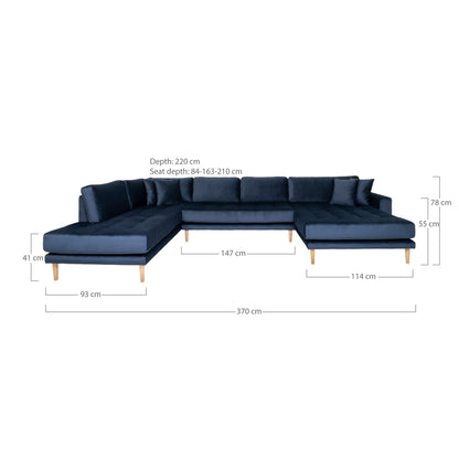 Lido U-Soffa Open End-U-Soffa Open End, höger i mörkblå velor med fyra kuddar och naturens träben, HN1005